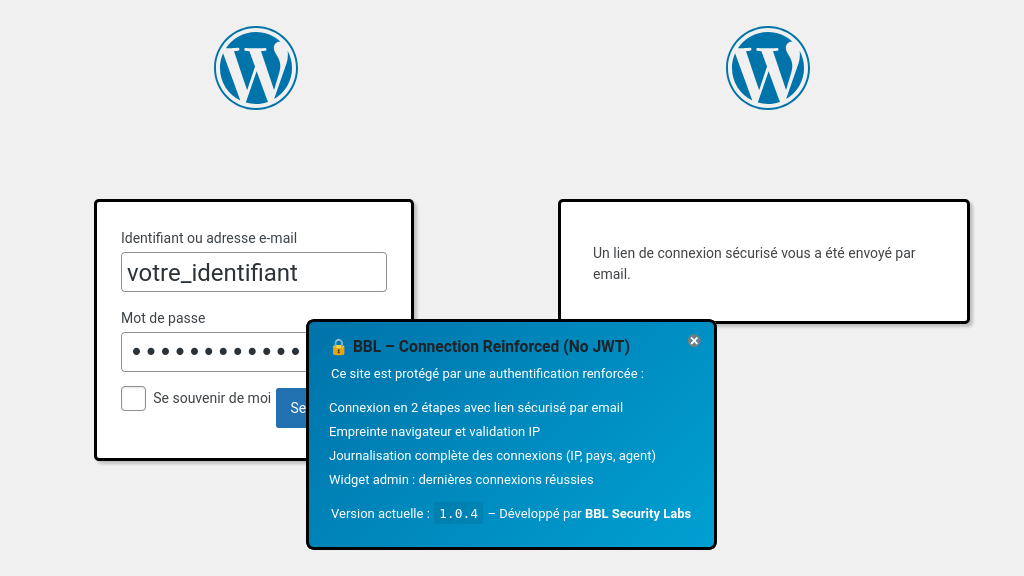 Capture d'écran indiquant que l'administration du site est protégé par bbl-connection-reinforced-jwt